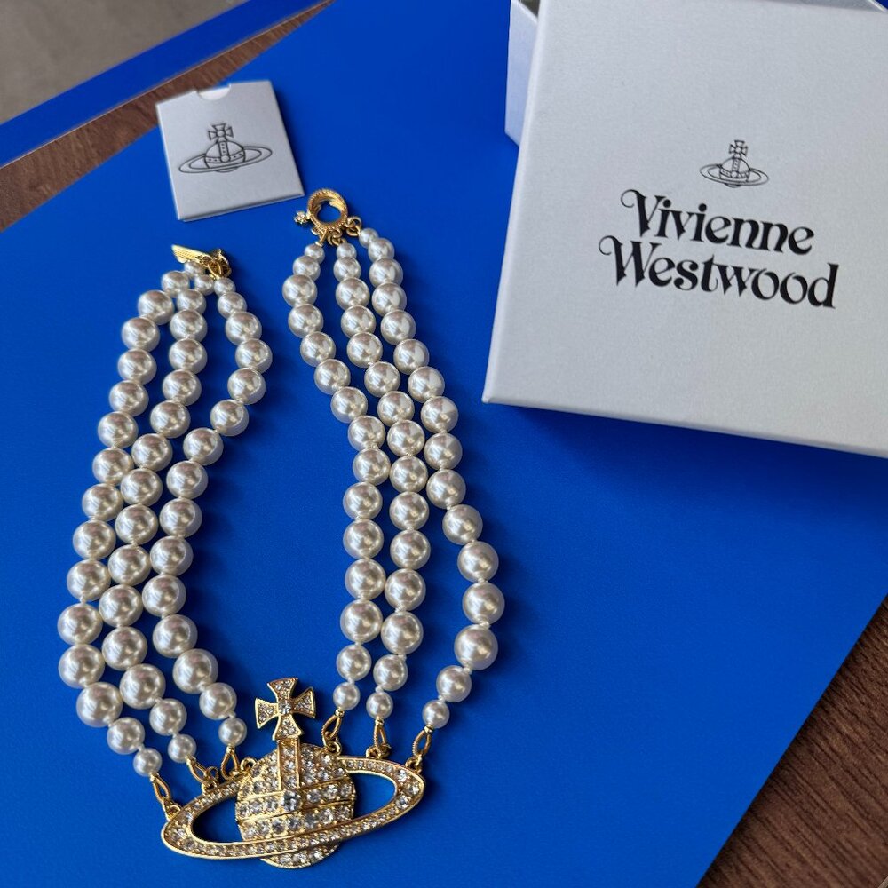 Vivienne Westwood Triple Pearl Necklace with diamonds